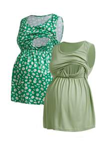 SHEIN Maternity Breastfeeding Crew Neck Sleeveless Elastic Waist Casual 2 Pieces Set, Summer - Green - View 1