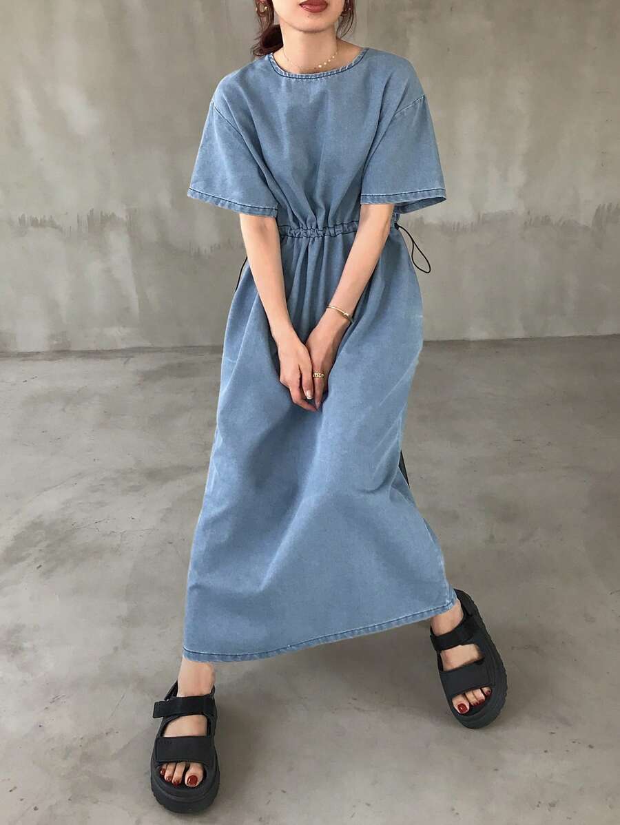 FRIFUL Damen Sommer lässiges Denim Kleid mit Tunnelzug in der Taille