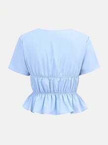 Girlism Áo sơ mi tay ngắn buộc nơ màu xanh cho bé gái tuổi teen, trang phục hippie phong cách cướp biển cổ điển khoét lỗ, áo cánh nơ Vacation Vibes, phù hợp cho mùa xuân/hè - Màu xanh nhạt - Xem 2