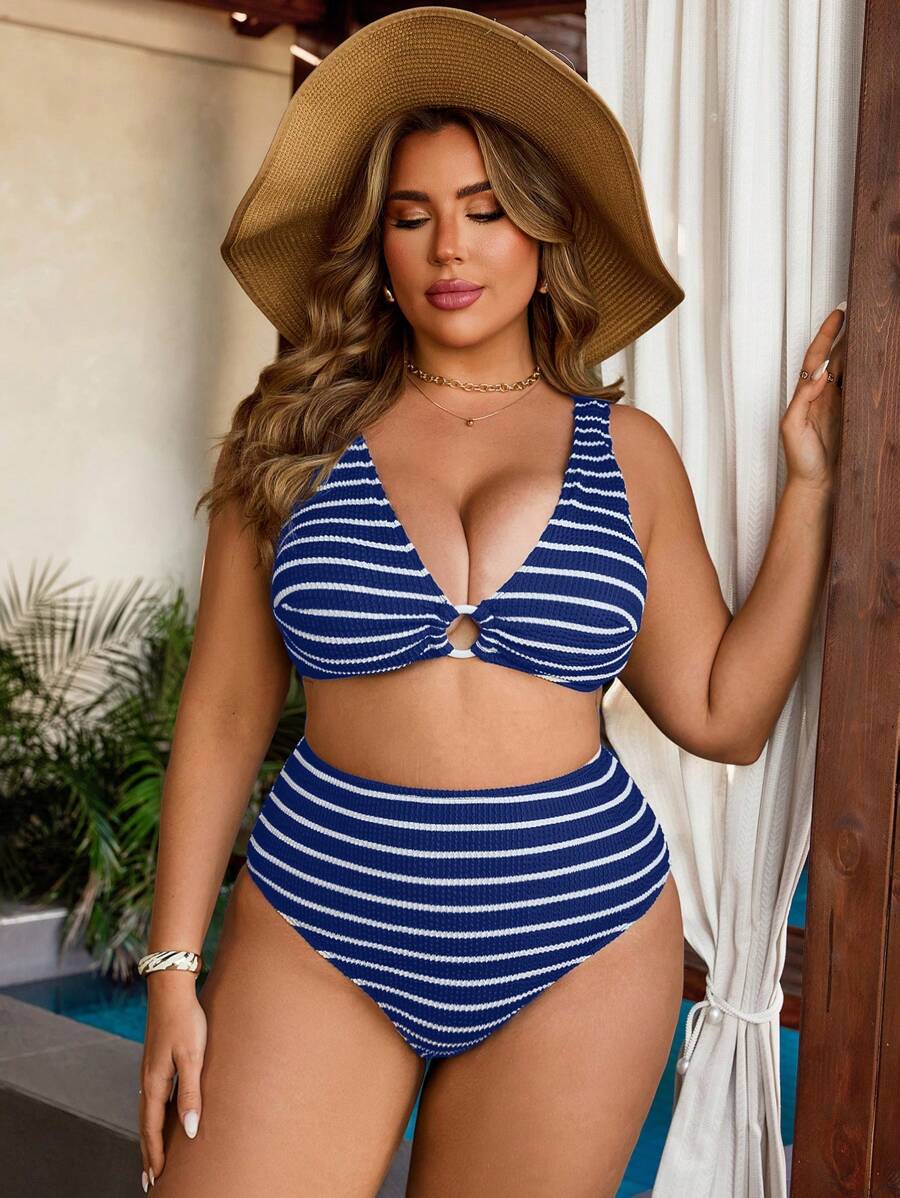 大码女式休闲条纹泳衣套装，适合度假，大码泳衣两件套，收腹泳衣两件套，适合夏季 - 藏蓝色 - 查看 1