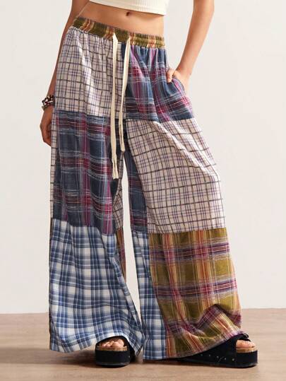 Bohemela Plus Size Plaid Patchwork Retro Style Casual Pants