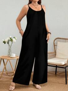 EMERY ROSE 大码女式休闲纯黑色阔腿连体裤，宽松款式，适合夏季度假