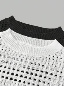 SHEIN 青少年女孩休闲宽松圆领黑白镂空针织短款上衣两件套，买一送一 - 彩色 - 查看 4