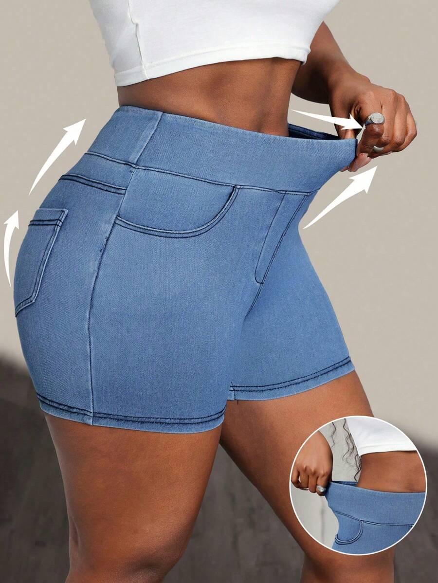 Flexra Quần short denim dệt kim cho nữ, quần short bó sát gợi cảm cạp chun mới mùa hè, đa năng tối giản - Rửa nhẹ - Xem 1