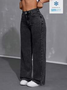 SHEIN Tall Pantalones vaqueros de talle alto, sólidos, sueltos, de moda informal y con pierna ancha para mujeres - Negro - Ver 5