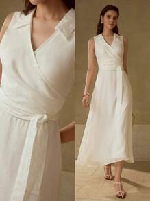 MOTF PREMIUM VESTIDO CRUZADO DE LINO CON CINTURÓN - Blanco - Ver 1