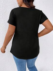 EMERY ROSE 大码女式仿玫瑰花朵印花V领短袖休闲度假T恤 - 黑色 - 查看 2