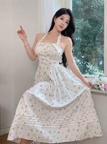 Modelyn Women's Ditsy Floral Pleated Halter Neck Vacation Dress