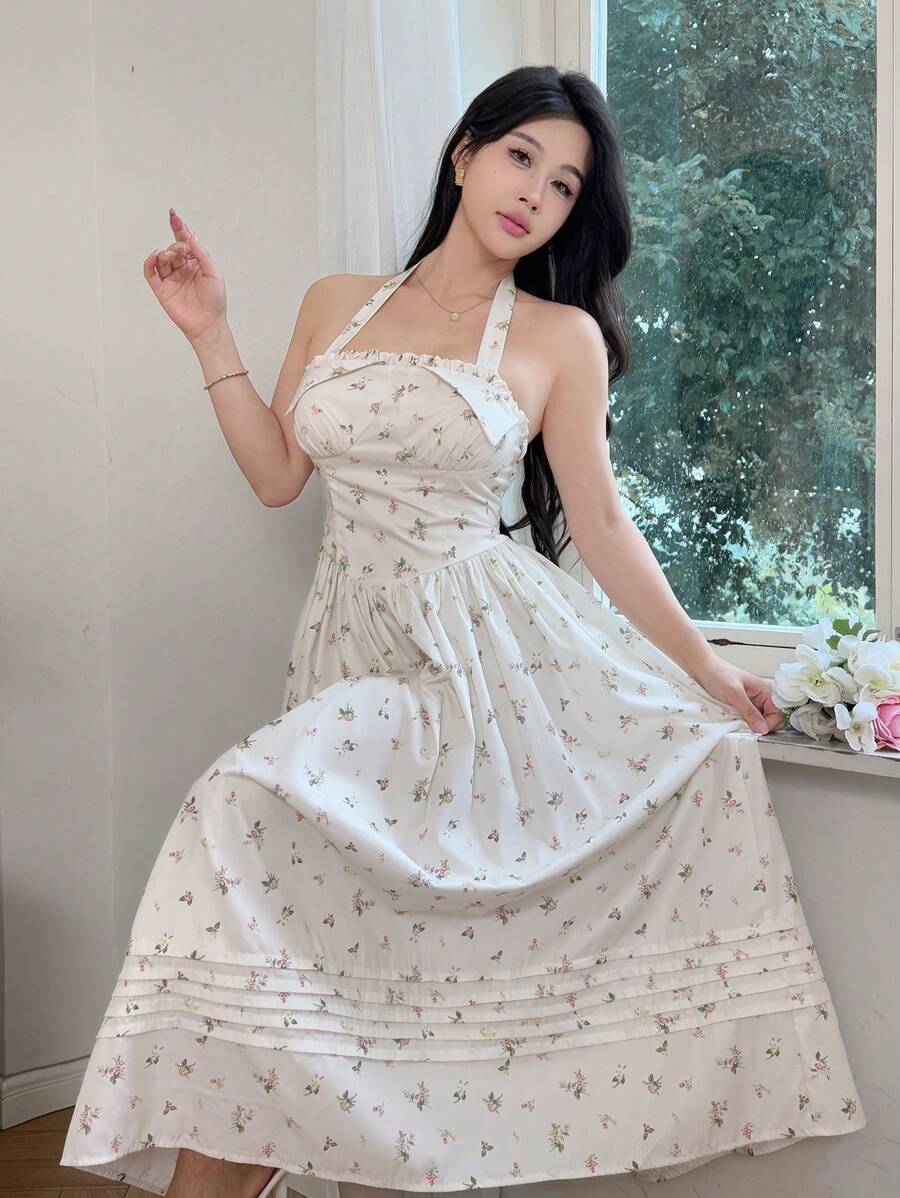 Modelyn Women's Ditsy Floral Pleated Halter Neck Vacation Dress