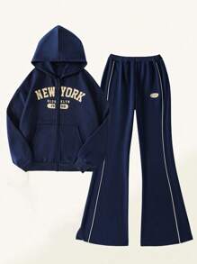 SHEIN Explorewe 2pcs/Set Teen Girls Casual Zip Up Hoodie Outfit