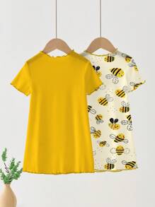 Young Girls Casual Minimalist Letter & Bee Graphic Loungewear Sets, Suitable For Summer - Multicolor - View 2