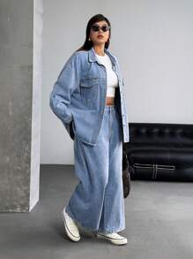 SHEIN ICON 女式大码休闲宽松街头风格牛仔裤 - 淺色水洗藍 - 查看 7