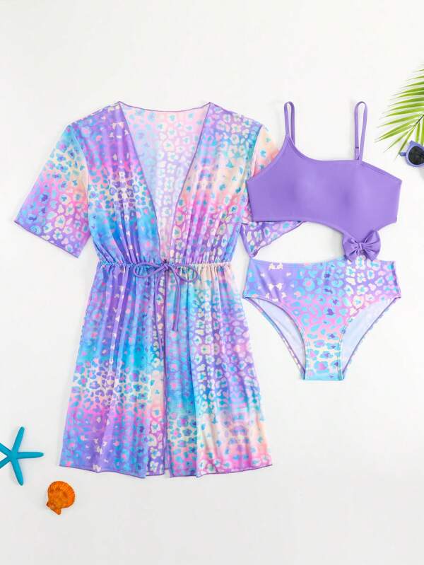 Ensemble maillot de bain une-pièce à imprimé floral violet + cache-maillot