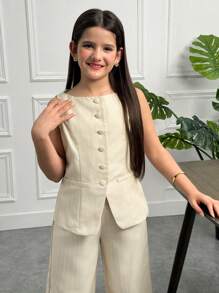 SHEIN Conjunto de niña preadolescente de top de punto con líneas a rayas y pantalón recto de pierna ancha a juego, de estilo casual elegante y deportivo, color albaricoque - Albaricoque - Ver 7