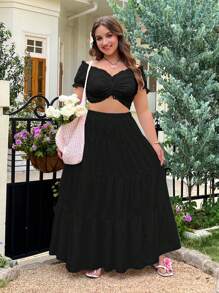 SHEIN EZwear Falda suelta con volantes de talla grande en negro, para vacaciones, primavera/verano - Negro - Ver 3