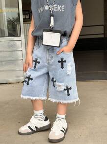 Pantalones cortos vaqueros desgastados con diseño de cruz gótica urbana de estilo callejero casual para niños jóvenes, cintura elástica, botón delantero, bajo deshilachado