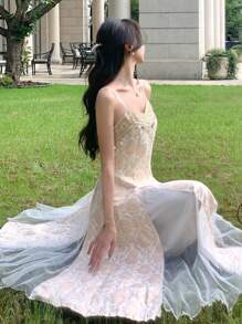 DAZY 女士优雅亮片和网眼拼接吊带中长连衣裙，夏季 - 米色 - 查看 1