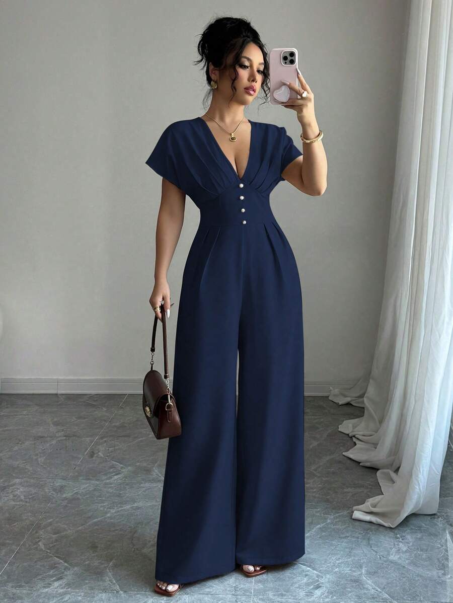 Rafferiza Women's Elegant Solid Deep V-Neck Ruched Waist Jumpsuit - Navy Blue - View 1