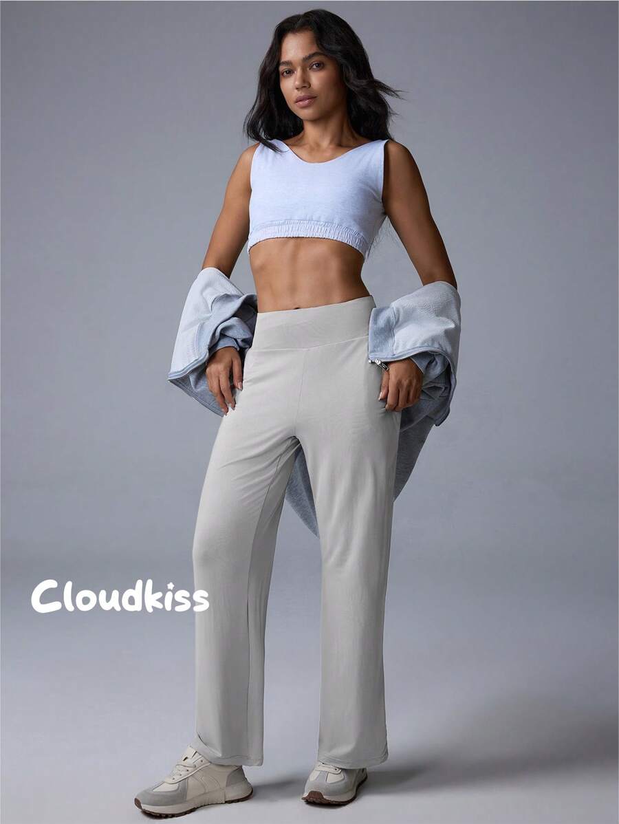 Menodora SHEIN Sport Quần ống đứng lưng cao cho nữ có túi - Xám - Xem 1