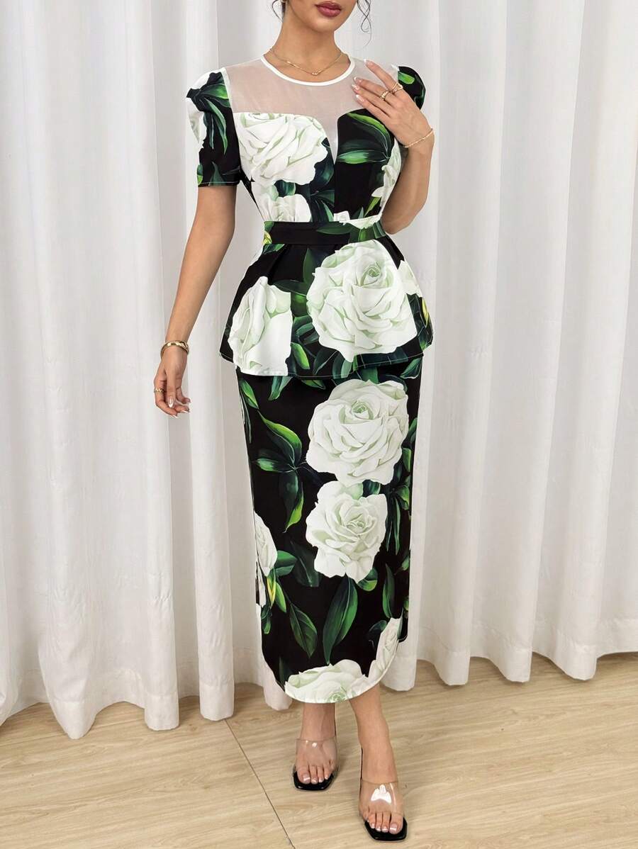 Modelyn 两件套女士绿色碎花印花收腰短袖上衣和裙子套装 - 綠色 - 查看 1