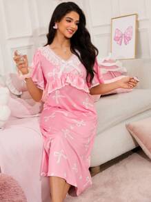 蝴蝶结蕾丝拼布荷叶边下摆休闲夏季女式睡袍