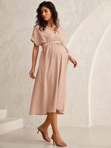 MaterniWear Đầm bầu tay ngắn màu trơn đơn giản - Màu Khaki - Xem 3