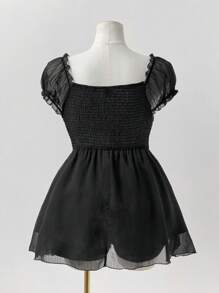 Sunspun Plus Size Women Elegant Solid Color Lace Trim Blouse, Summer - Black - View 3