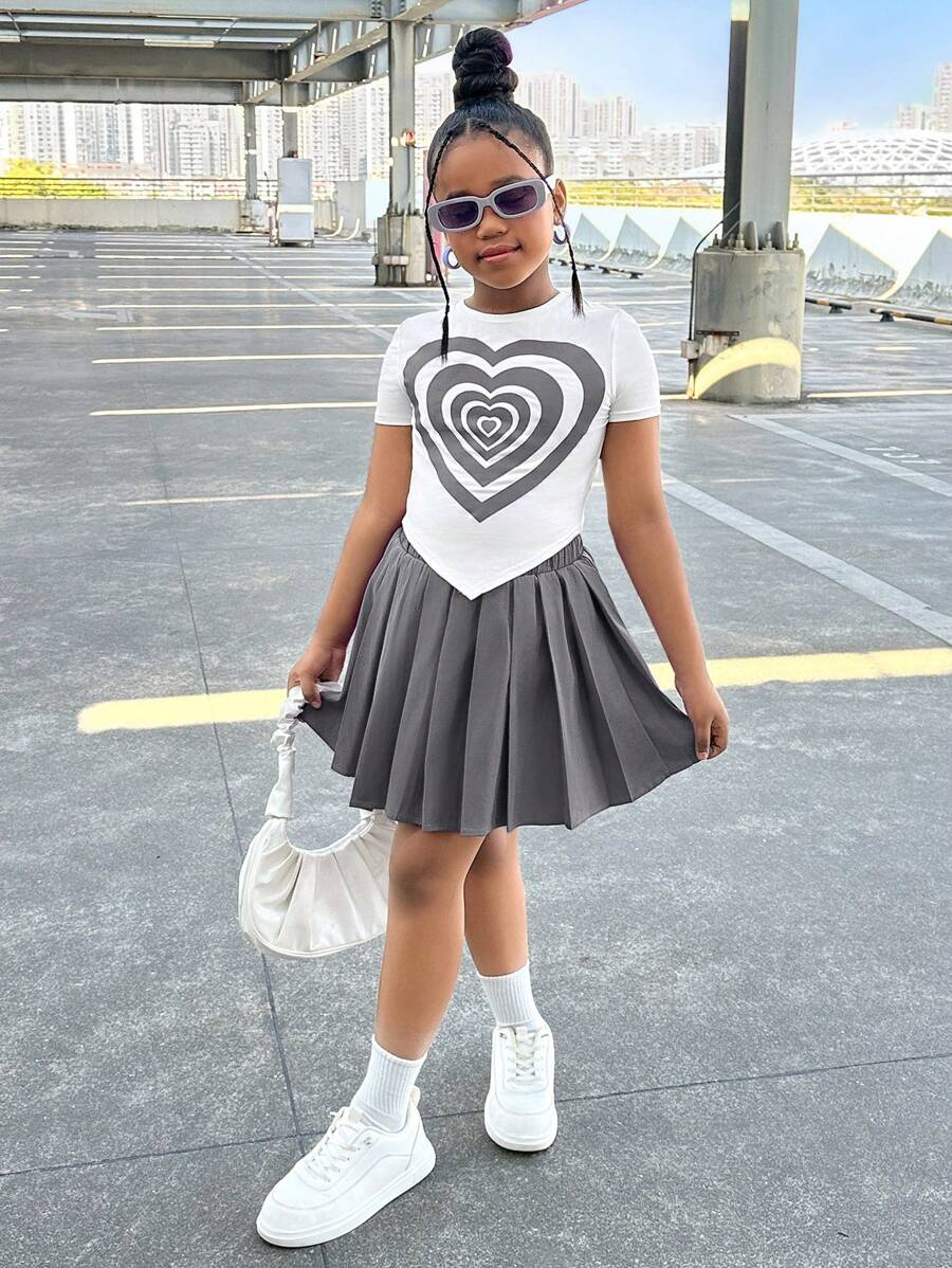 少女心印花短袖上衣和百褶裙休闲两件套 - 灰色 - 查看 1