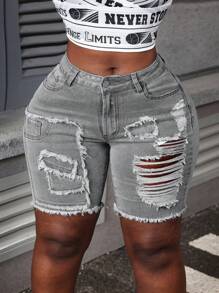 Slaydiva Shorts vaqueros simples desgastados de talla grande para uso diario - Gris Claro - Ver 3