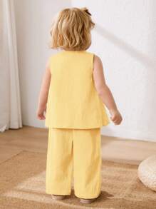 Cozy Pixies 2pcs Baby Girls Bow Decor Sleeveless Crew Neck Top And Elastic Waist Pants Set - Yellow - View 2