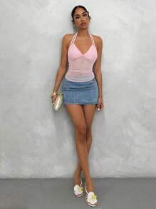 Glamine Top corto halter de malla con parches sexy para vacaciones de mujer - Rosa Pálido - Ver 4