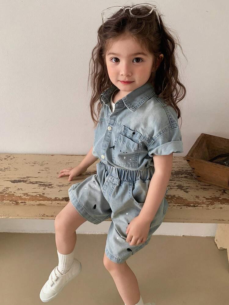 Young Girl Short Sleeve Single Breasted Pocket Denim Shirt And Denim Shorts Casual Set