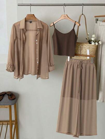 Linhara 大码优雅休闲半透明常规长度裤，吊带，纯色度假海滩三件套