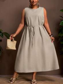 Veslaya 2025 新款春夏大码女装/商务休闲女装/西方女装/女士办公室服装/街头休闲/城市度假/毕业约会/优雅度假/派对/独立日女装/基础时尚优雅度假宽松亚麻圆领无袖口袋A字长裙系带腰裙卡其色连衣裙女士休闲中长裙