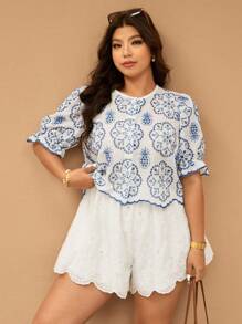Elaquor Plus Size Women Scenic Embroidered Round Neck Puff Sleeve Blouse - Blue and White - View 4
