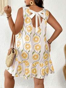 SHEIN Frenchy Plus Size Women Floral Print Round Neck Sleeveless Dress, Summer - Yellow - View 5