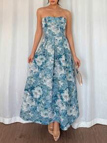 Rafferiza 女式夏季束腰蓝色雏菊印花抹胸优雅吊带裙
