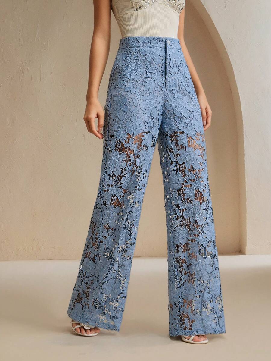 Anewsta Pantalones rectos con corte de encaje floral elegante para mujer - Azul - Ver 1