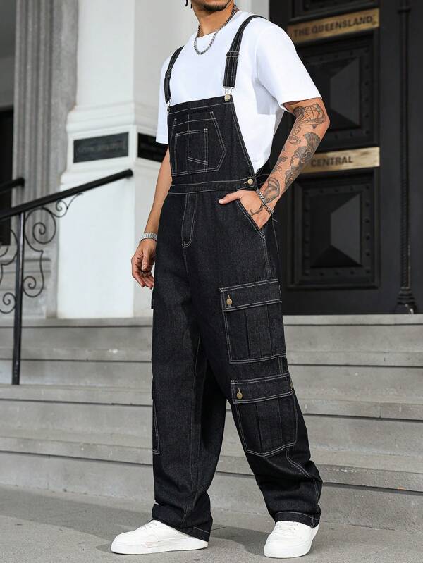 Manfinity EMRG Men's Sports & Outdoor Athleisure Black Denim Overalls Sleeveless Multi-Pocket Cargo Design With Adjustable Straps