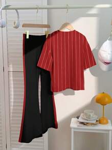 SHEIN 2 件套青少年女孩休闲简约短袖上衣和裤子套装，适合夏季 - 彩色 - 查看 3