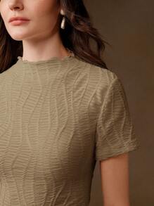 Anewsta 夏季、优雅、度假、节日、海滩、节日、Oldmoney 春季优雅休闲女士针织纹理抗皱百搭杏色短袖 T 恤 - 卡其色 - 查看 6