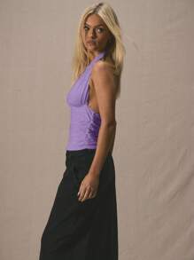 MUSERA Plunge Halterneck Fitted Longline Top Spring Cute Vacation 90's Clothes Elegant Y2k Basic ,Elegant Spring Summer Casual Holiday - Purple - View 2