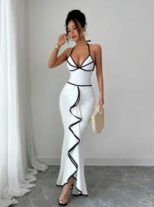 Selianne 2pcs Set Women Contrast Trim Halter Backless Swimsuit With High Waist Flounce Long Maxi Skirt, Summer Beach Cruise Holiday Vacation Swimwear Set - Black and White - View 5