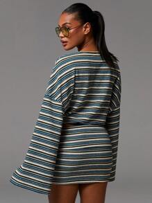 Athîral 女式条纹圆领落肩长袖短款休闲上衣 - 彩色 - 查看 2