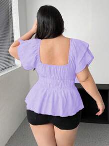 SHEIN MOOSTA 大码女式夏季纯色荷叶边短袖甜心领抽绳衬衫，娃娃装上衣