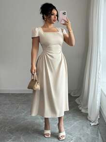 SHEIN Unity 大码女式法式优雅通勤休闲假日下午茶纯色方领收腰修身泡泡袖中长连衣裙，春夏 - 杏色 - 查看 1