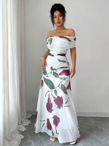 Modelyn Women's Off Shoulder Ruched Mesh Printed Summer Dress - White - View 4