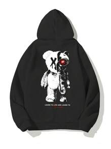 Manfinity Roghcode Men Bear & Slogan Graphic Kangaroo Pocket Drawstring Hoodie - Black - View 1