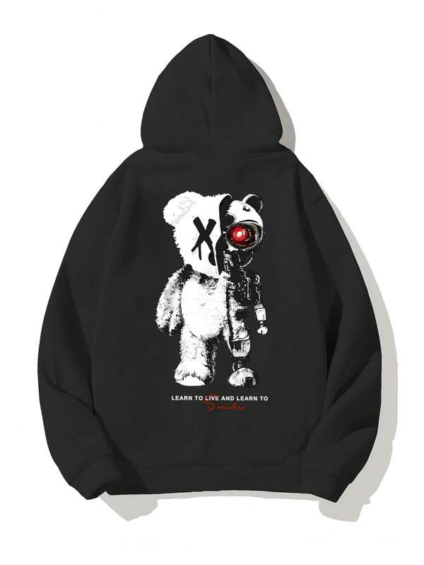 Manfinity EMRG Men Bear & Slogan Graphic Kangaroo Pocket Drawstring Hoodie