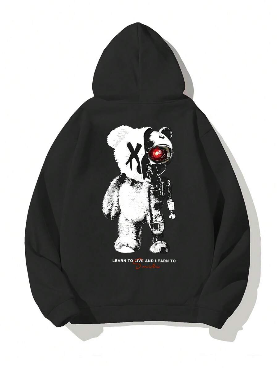 Manfinity Roghcode Men Bear & Slogan Graphic Kangaroo Pocket Drawstring Hoodie - Black - View 1